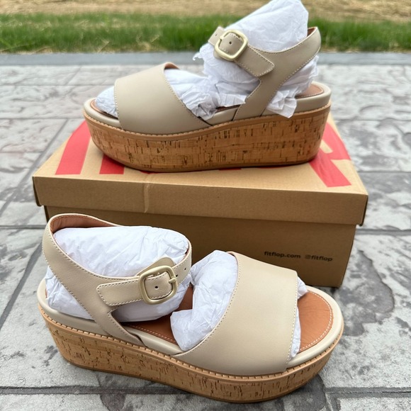 Fitflop‎ Eloise Womens Sz 8 Beige Cork Wrap Leather Back Strap Wedge Sandals NWB - Picture 2 of 9
